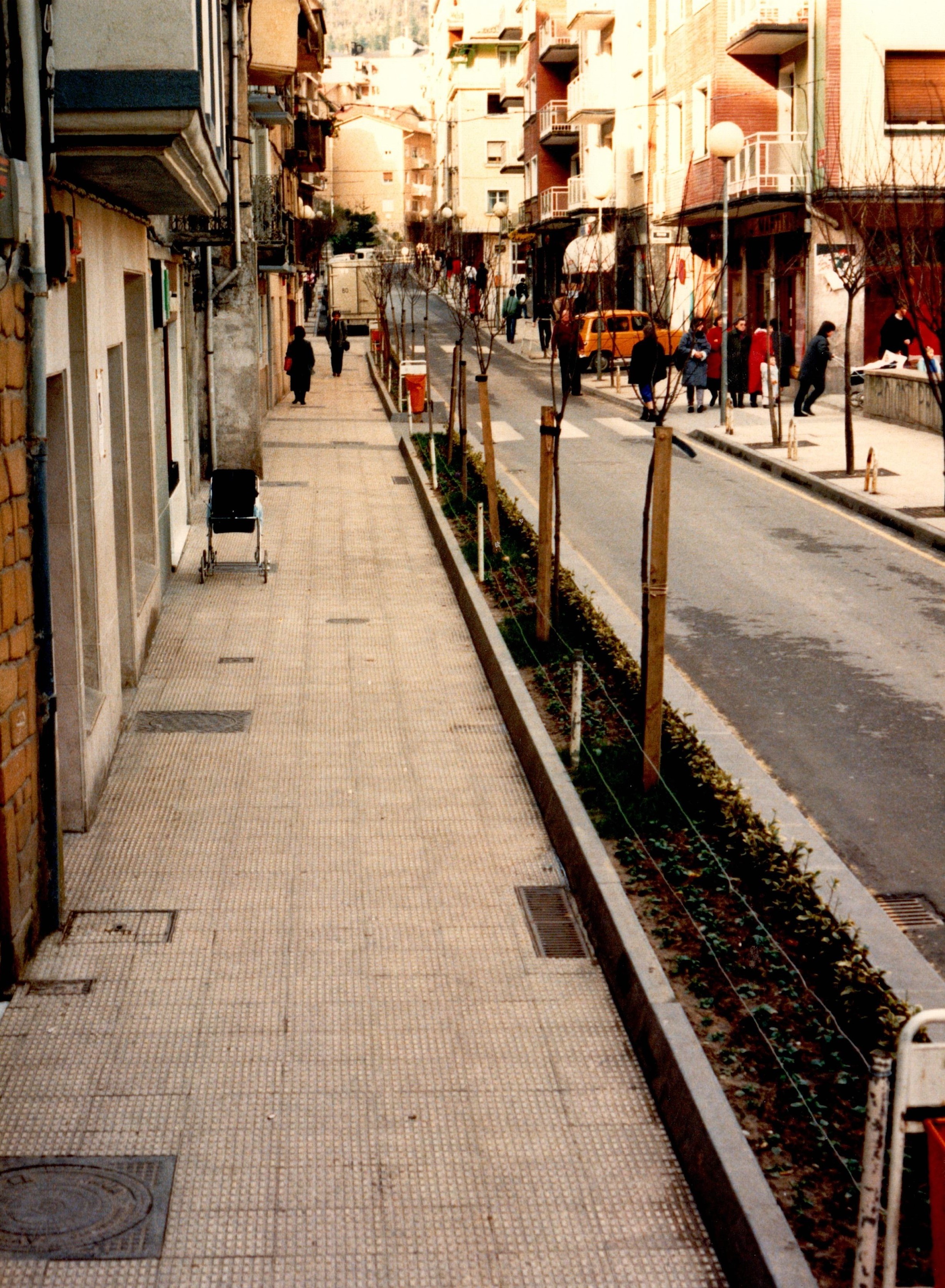 Se ve la acera y carretera de la calle Zubiaurre después de las obras de las tuberías. Hay un tramo nuevo de jardín muy estrecho y en vertical, paralelo a la carretera y separando la acera de la carretera. En ese pequeño jardín hay uno árboles recién plantados, muy finos. 