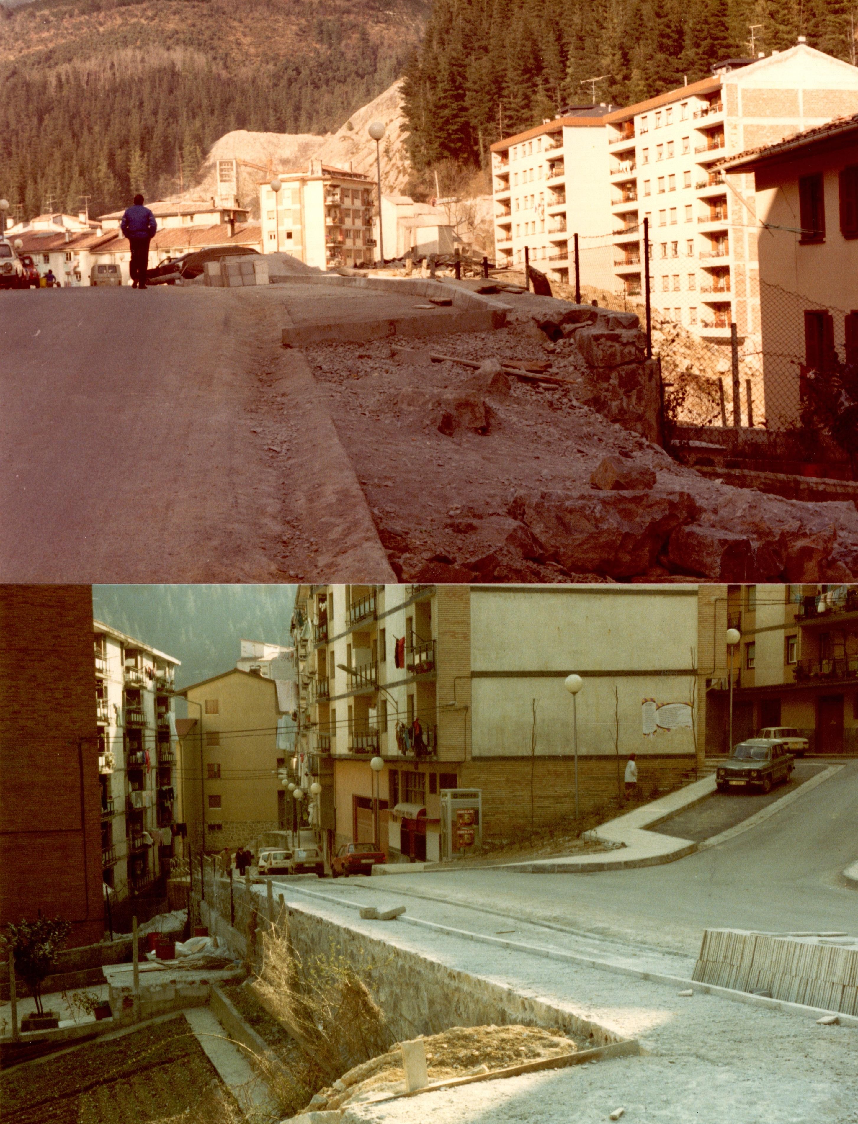 Se muestran dos fotografías. En la superior se ve parte de la carretera y su asfalto, está en obras hay escombros y está sin terminar. A la derecha y al fondo hay viviendas y bloques. Caminando por el asfalto se ve a un hombre de espaldas. Al fondo se ve la cantera y el bosque con árboles verdes.