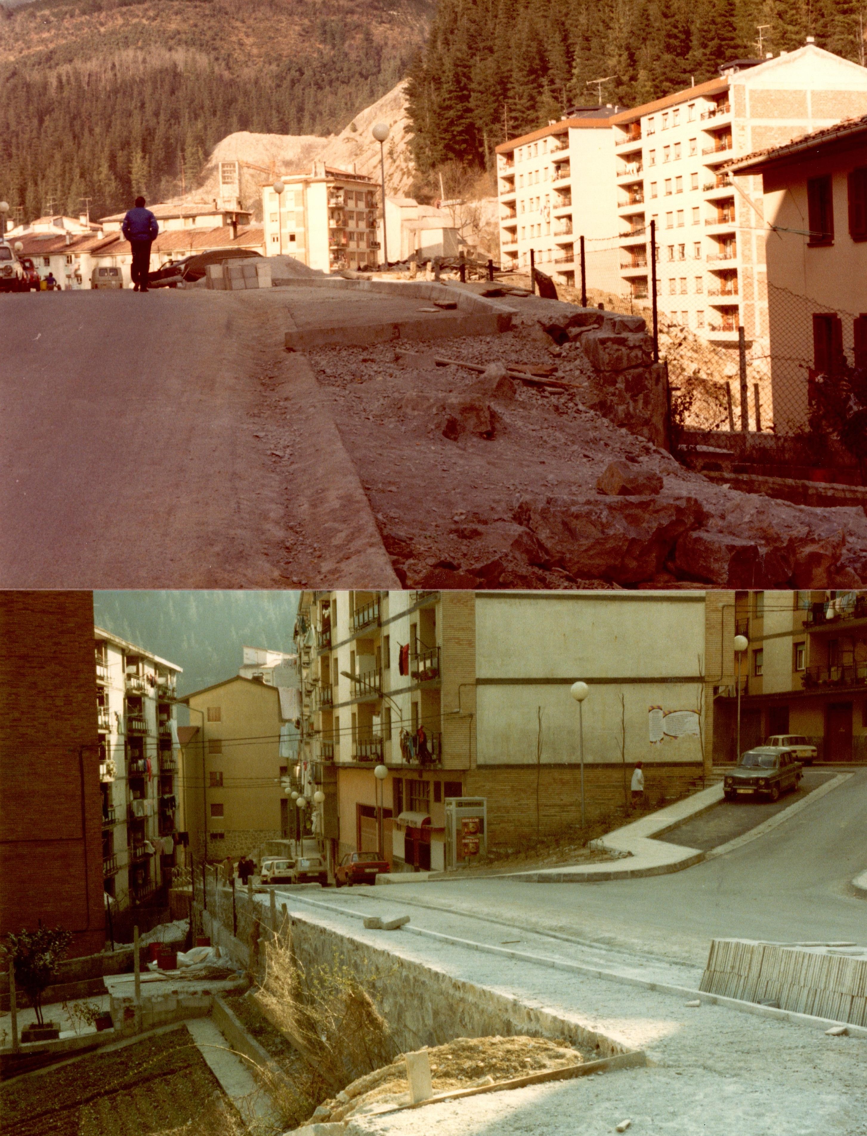 Se muestran dos fotografías. En la superior se ve parte de la carretera y su asfalto, está en obras hay escombros y está sin terminar. A la derecha y al fondo hay viviendas y bloques. Caminando por el asfalto se ve a un hombre de espaldas. Al fondo se ve la cantera y el bosque con árboles verdes. 