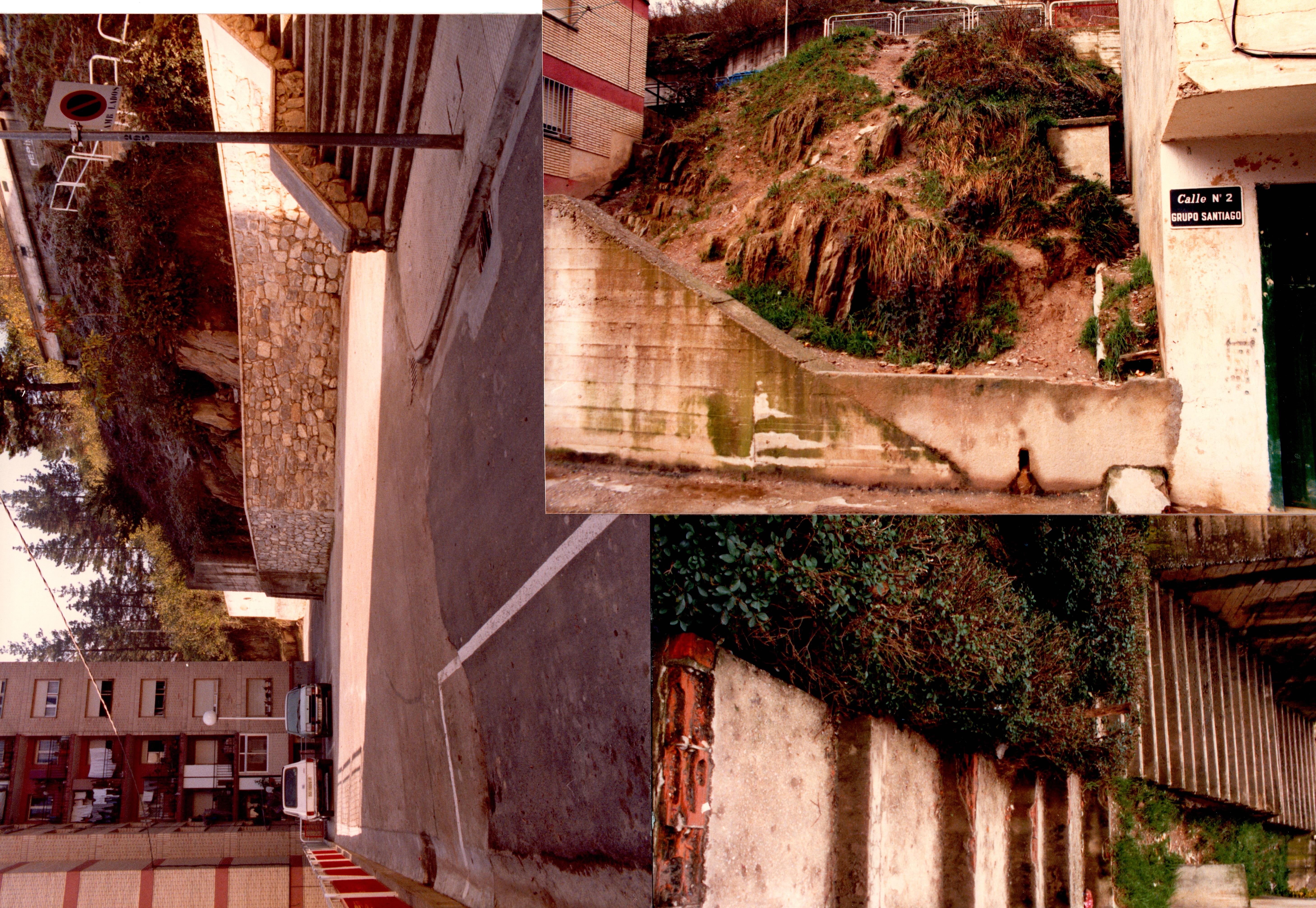 Tres fotografías muestran diferentes etapas de la situación de un entorno de un barrio de Ermua. En dos de ellas se ven unas escaleras y una parcela ascendente llenas de malas hiervas y barro. En cambio, la fotografía de la izquierda muestra la misma zona rehabilitada y adaptada con nuevas escaleras. 