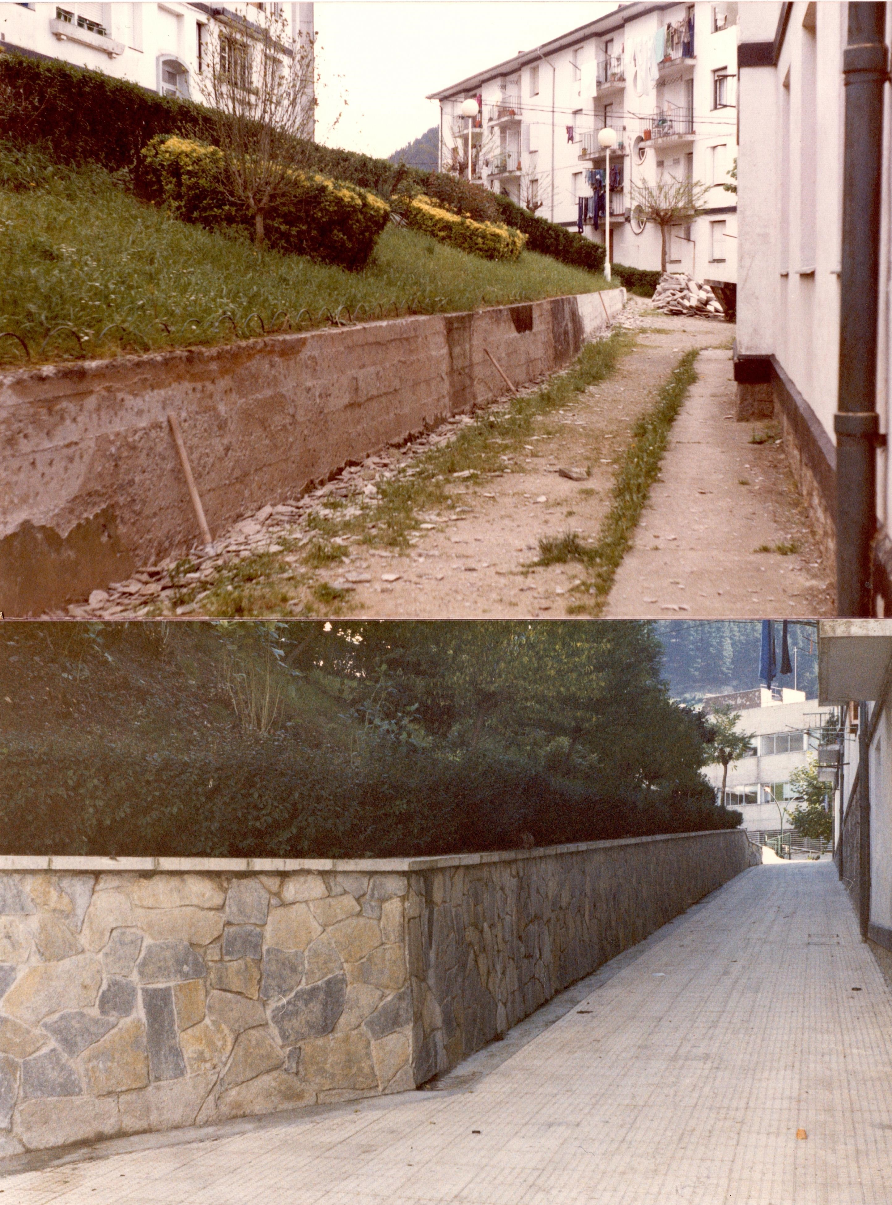 Se muestran dos fotografías. La de arriba muestra una calle en la trasera de unas viviendas junto a un jardín que está encima de un murete. El asfalto está con escombros y en proceso de convertirse en una mejor zona de tránsito. La segunda fotografía muestra el mismo lugar pero el murete está arreglado y el suelo tiene nuevas baldosas.