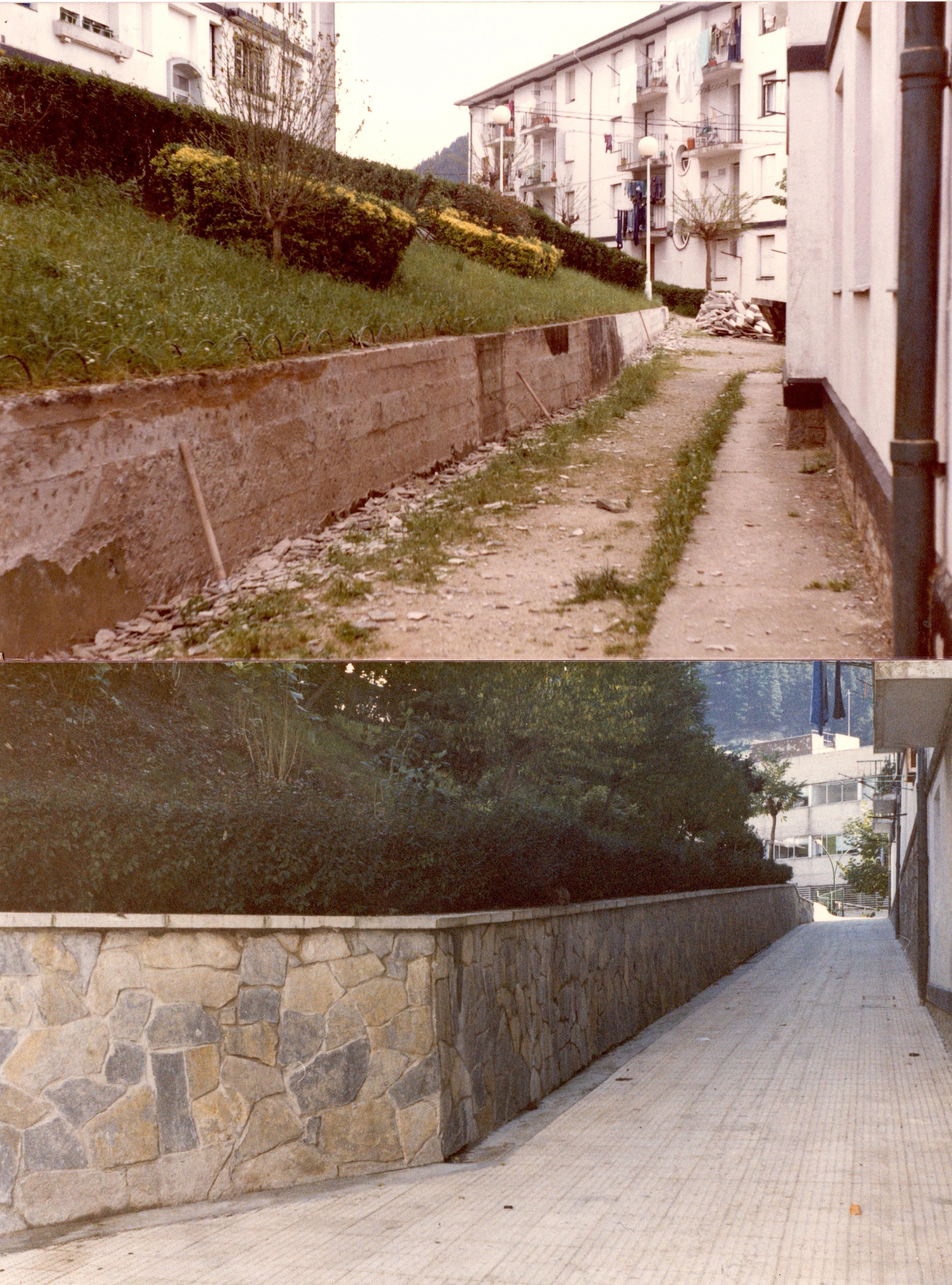 Se muestran dos fotografías. La de arriba muestra una calle en la trasera de unas viviendas junto a un jardín que está encima de un murete. El asfalto está con escombros y en proceso de convertirse en una mejor zona de tránsito. La segunda fotografía muestra el mismo lugar pero el murete está arreglado y el suelo tiene nuevas baldosas. 