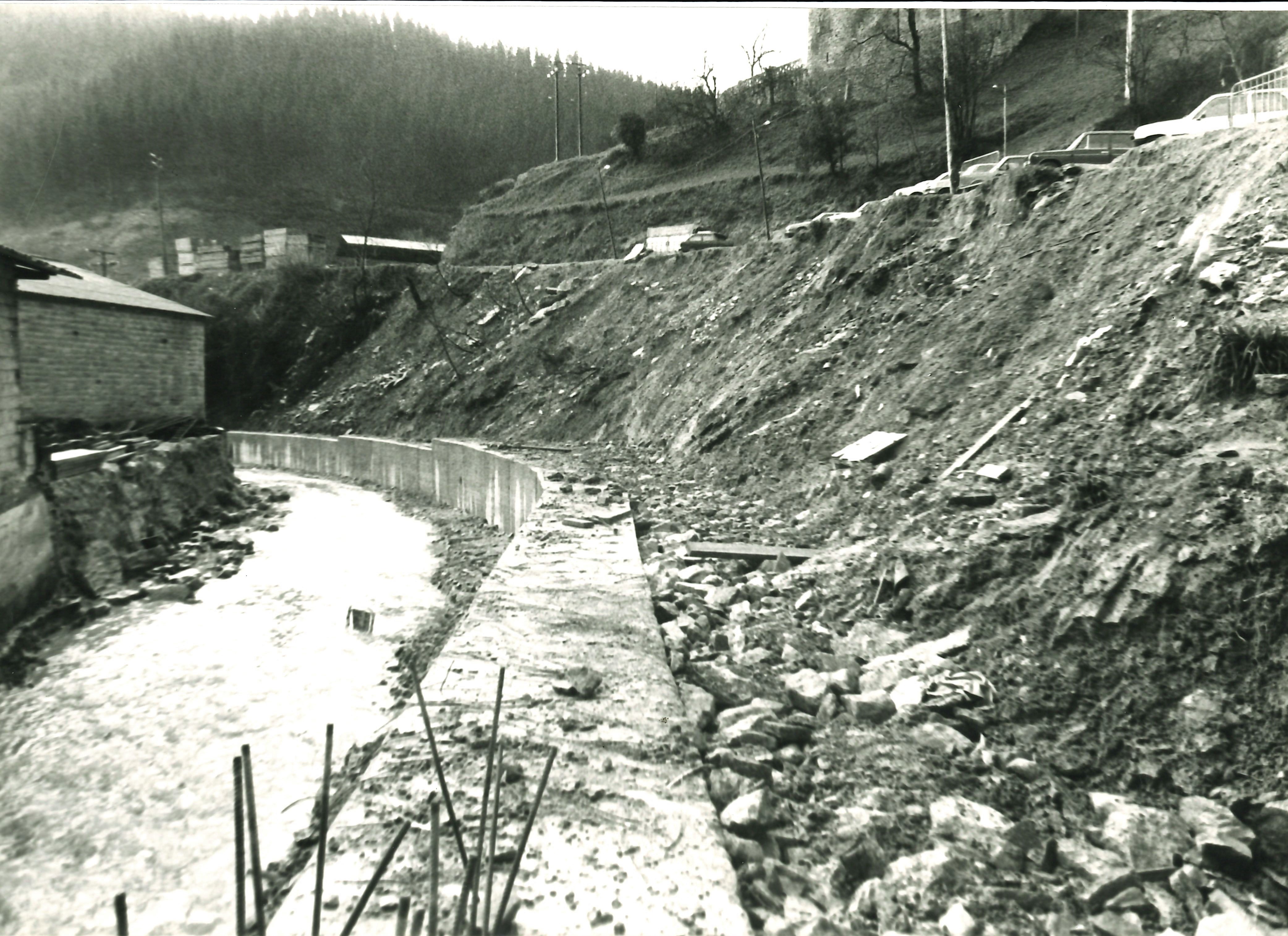 Carretera a Izaga y serrería al fondo. Errepidea Izagarantz eta zerrategia