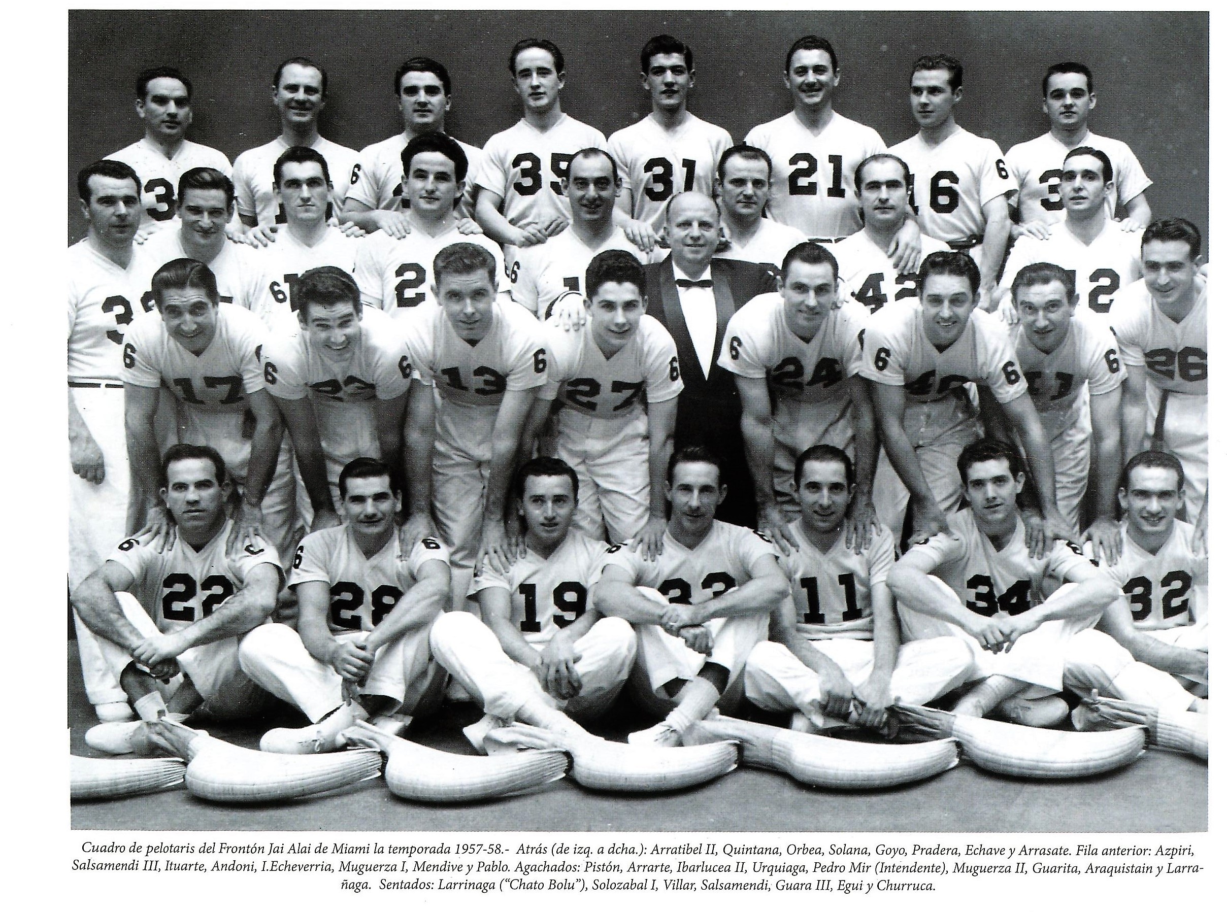 Cuadro de pelotaris del Frontón Jai Alai de Miami, temporada 1957-58. Pilotari koadroa Miamiko Jai Alai frontoian, 1957-58 denboraldia. Fermín Arrarte Gisasola, Miguel Solozabal Areitio Cuadro de pelotaris del Frontón Jai Alai de Miami, temporada 1957-58. Pilotari koadroa Miamiko Jai Alai frontoian, 1957-58 denboraldia. Fermín Arrarte Gisasola, Miguel Solozabal Areitio