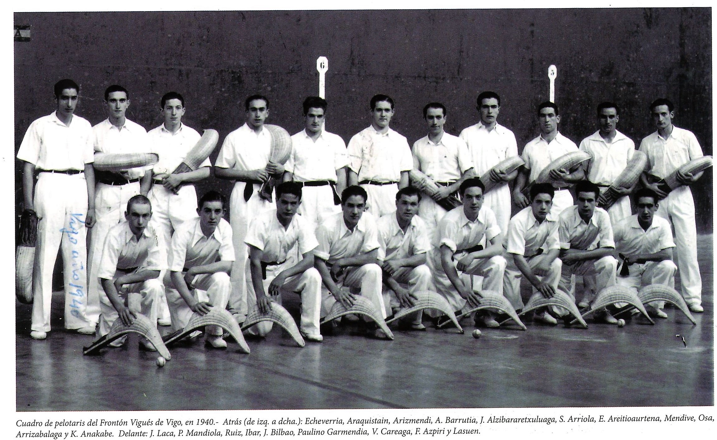 Cuadro de pelotaris del Frontón Vigués de Vigo en 1940, Valentín Careaga y Eliseo Areitioaurtena entre otros. Pilotari kuadroa Vigués Frontoian, Vigo, 1940. urtean, Valentín Kareaga eta Eliseo Areitioaurtena beste batzuen artean.