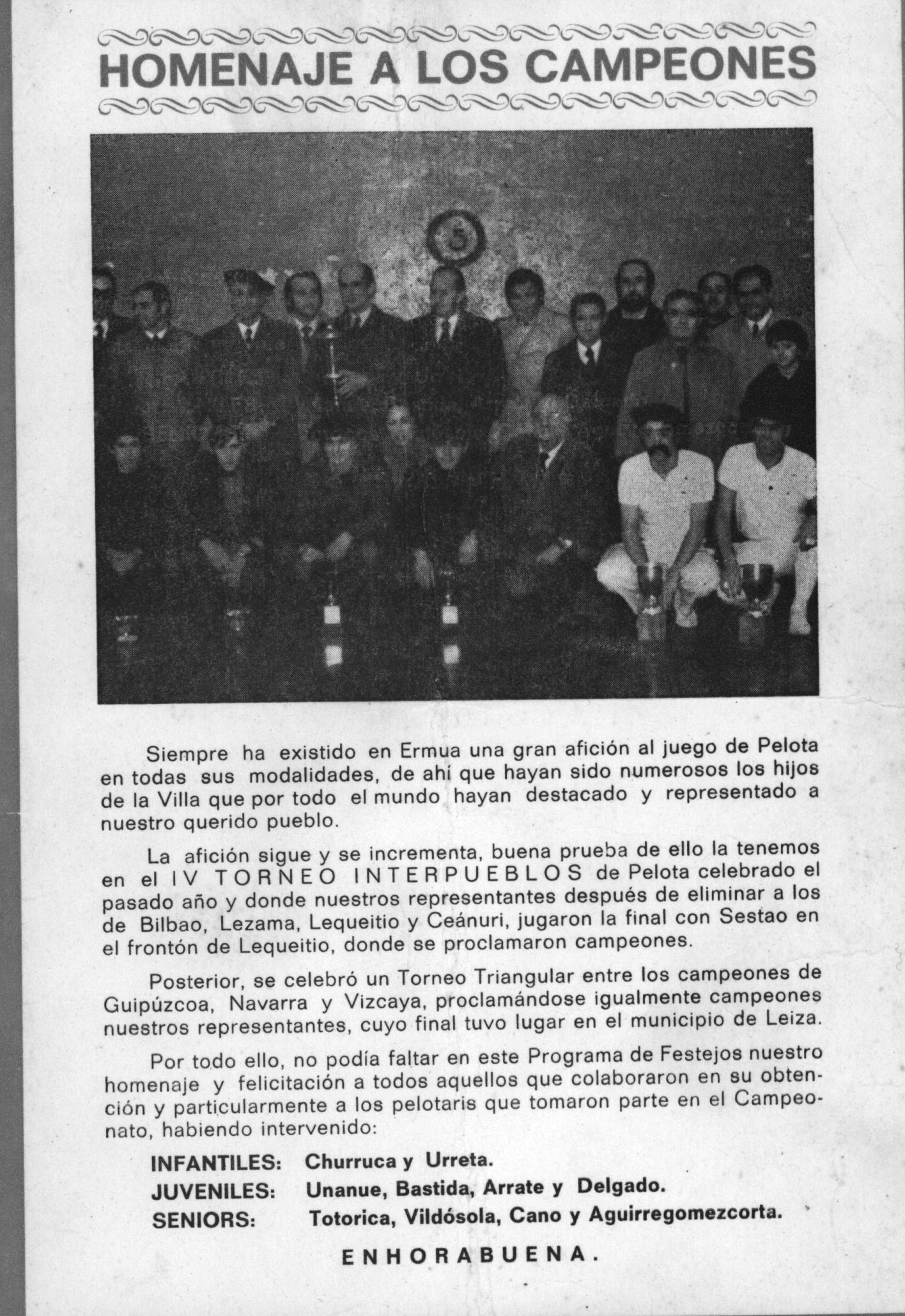 Homenaje a los pelotaris campeones Homenaje a los pelotaris campeones
