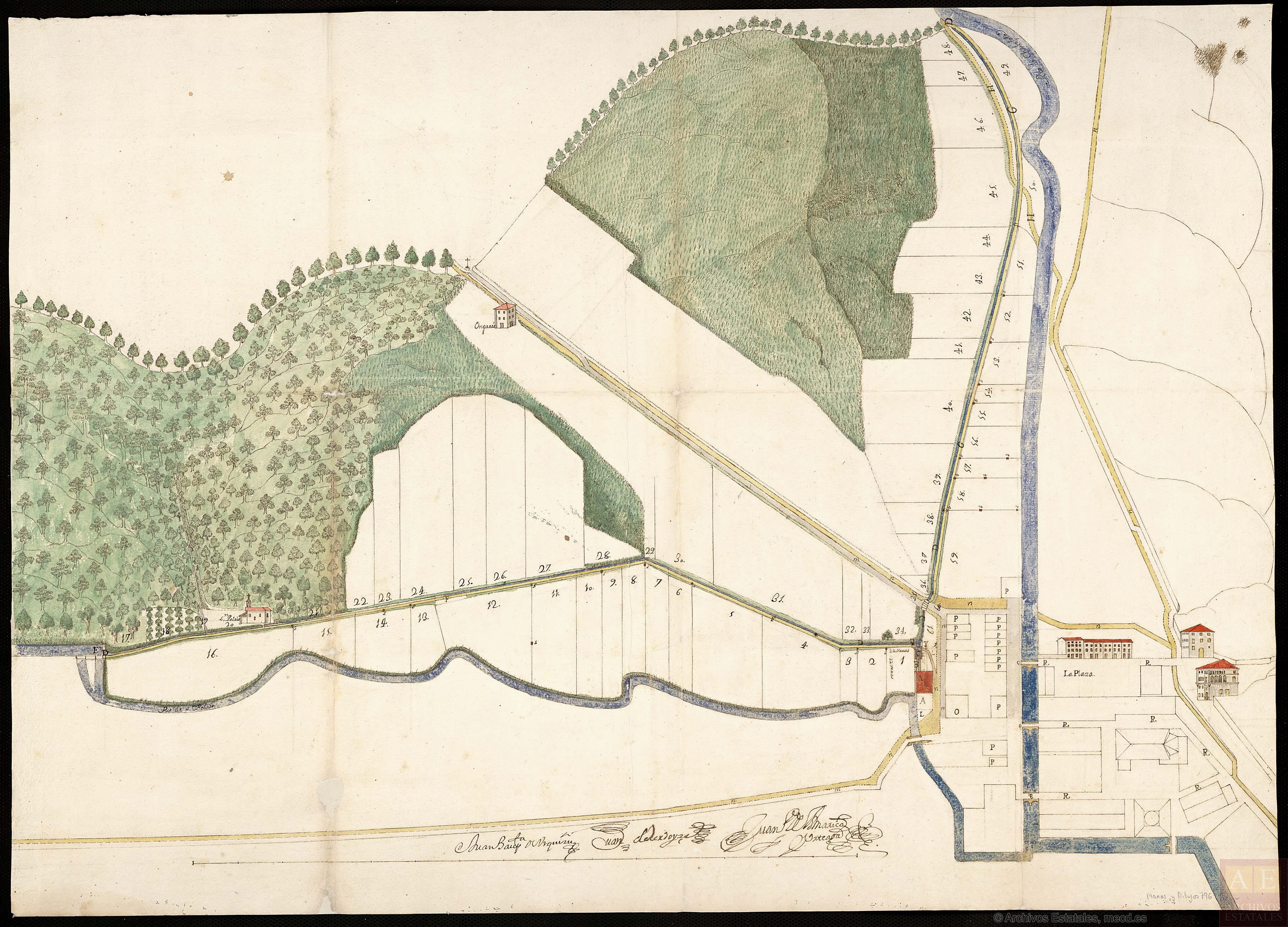 Plano del molino de Zubiaur o Zubiaurre, conocido por el nombre de Mallea, sobre el río Chabujola, en el arrabal de la villa de Ermua.