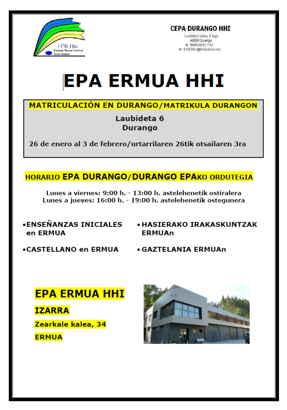 Matrículas abiertas en la EPA de Ermua