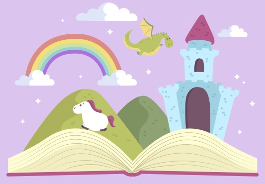 Libro abierto con castillo, dragones y elementos de cuentos populares