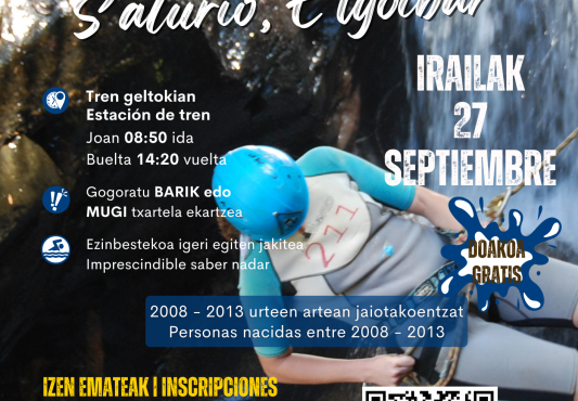 Arroila-jaitsiera jardueraren kartela Gazteria zerbitzuarekin | Cartel de la actividad de barranquismo con el Servicio de Juventud