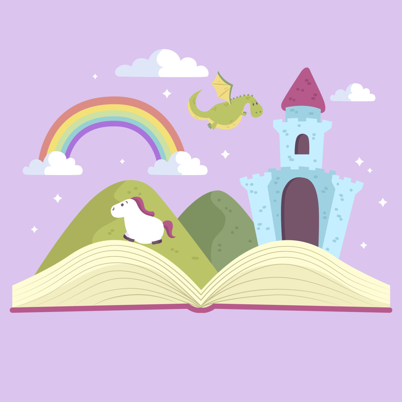 Libro abierto con castillo, dragones y elementos de cuentos populares