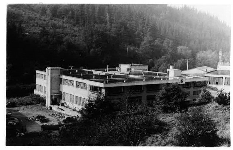 Se ve una fábrica con forma geométrica, de base cuadrada, es una fotografía en blanco y negro. A su derecha se ven otros edificios industriales.