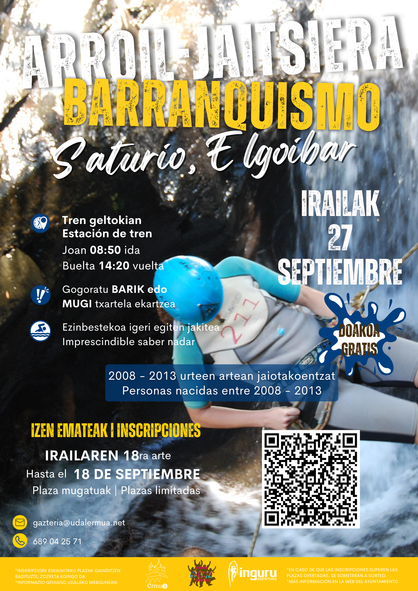 Arroila-jaitsiera jardueraren kartela Gazteria zerbitzuarekin | Cartel de la actividad de barranquismo con el Servicio de Juventud