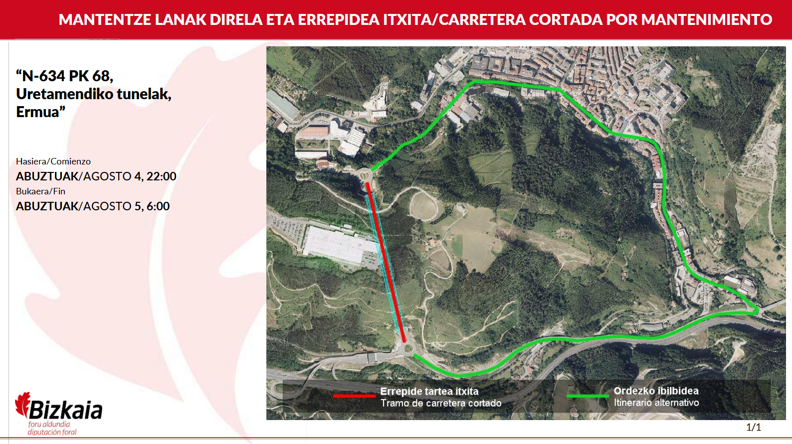 Bizkaiko Foru Aldundiak Uretamendiko tunelen obren inguruan bidalitako abisua | Aviso sobre las obras en los túneles de Uretamendi emitido por la Diputación Foral de Bizkaia