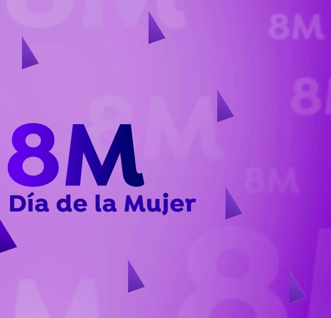 La imagen muestra un 8M, Dñia de la Mujer, sobre fondo morado
