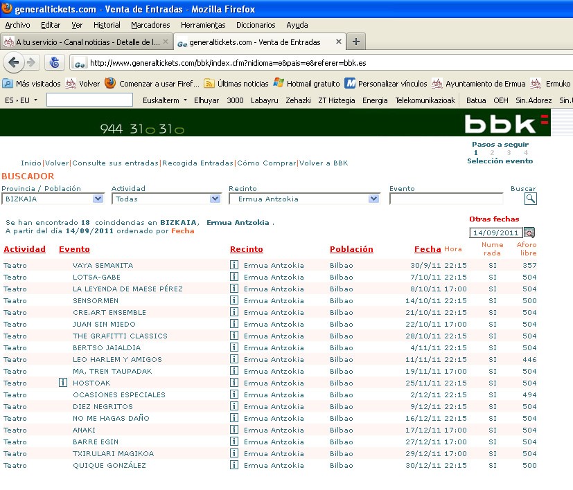 Pantalla de eventos a la venta del Ermua Antzokia