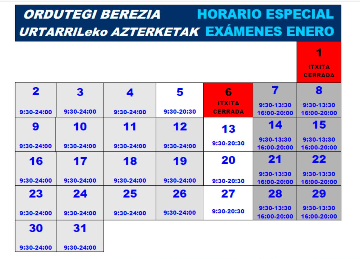 Tabla resumen del horario de enero